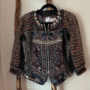 Byron Lars Woven Patchwork Eclectic Multicolor Beaded Blazer Jacket Size 8